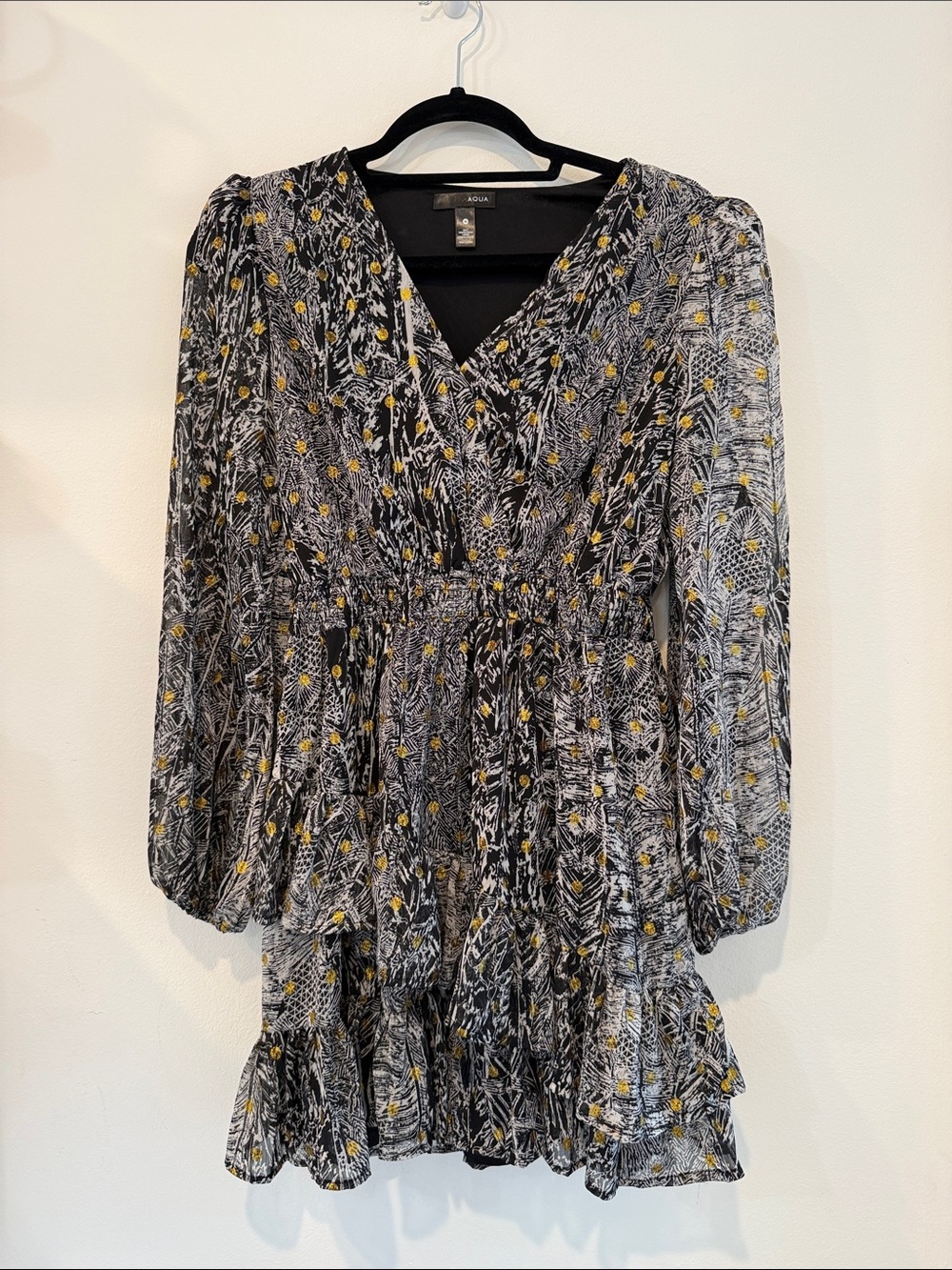 Aqua Black, White & gold Pattern Wrap Tiered Long Sleeve Dress